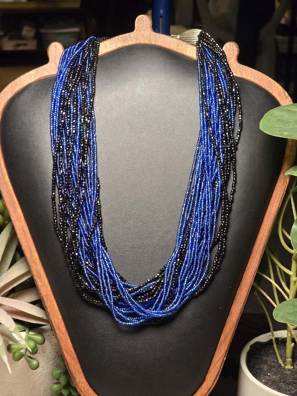 Blue & Black Multi Strand Seed Bead Statement Necklace